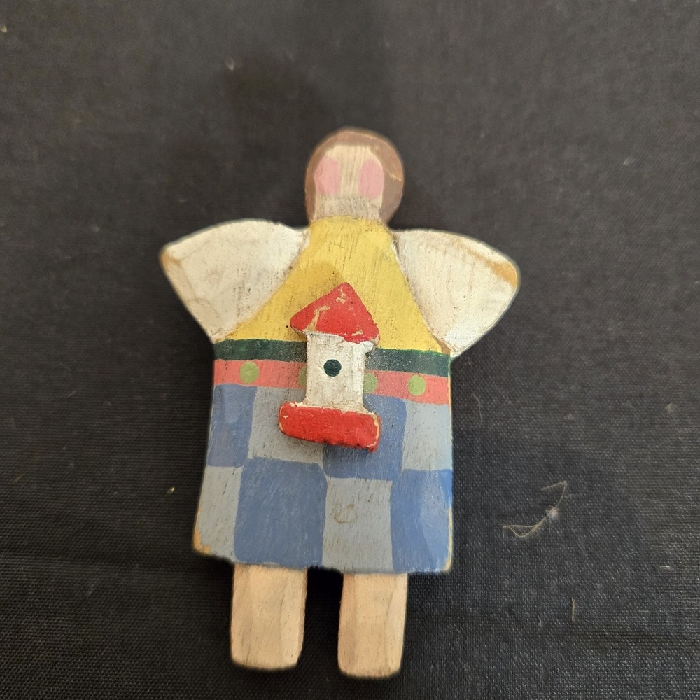 Wooden Carved Angel Brooch